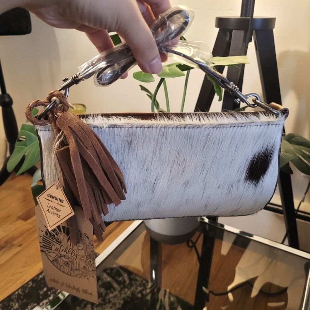 Genuine Leather Clutch with Tassel - Brown and White